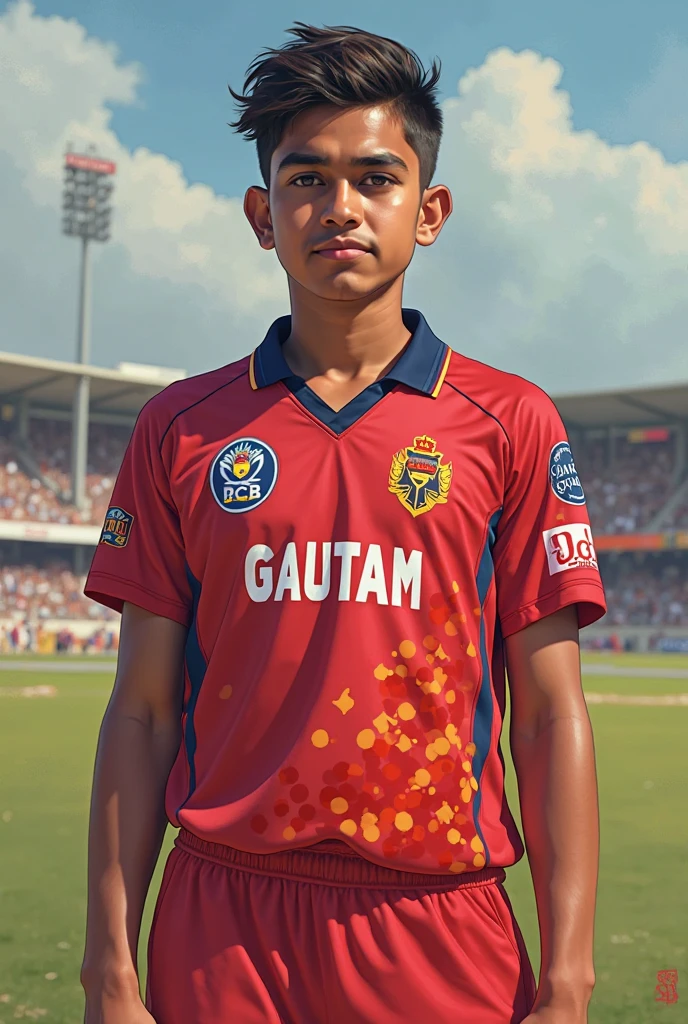 A boy wearing a  rcb cricket shirt  backful name kaiser*with number 56