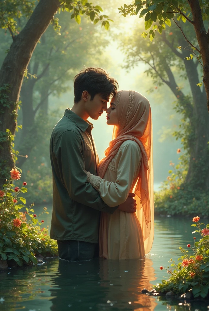title written "matsu&rubi" in front with correct spelling, demon slayer version, very high quality photo, a romantic scene, a young man with glasses from Indonesia wearing a checkered kimono (green and black) with a beautiful woman wearing a hijab from Indonesia wearing a pink kimono and Japanese sandals, free posing, bamboo forest, full body, realistic, cool and complicated visual effects, looks real and perfect, UHD 64K, very cute