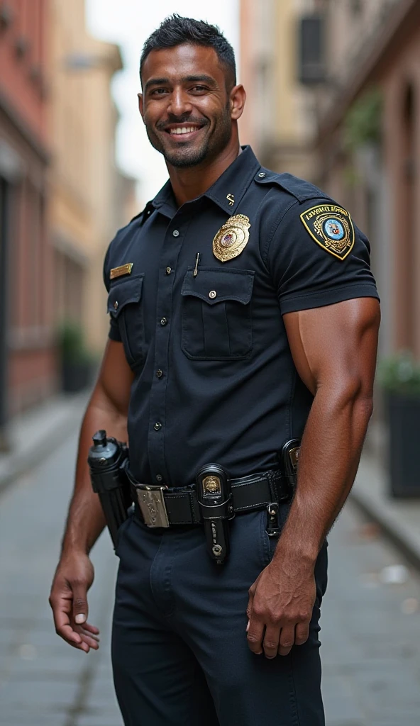 indian gurjar hunk in navy security guard uniform with batches on shirt and huge bulge