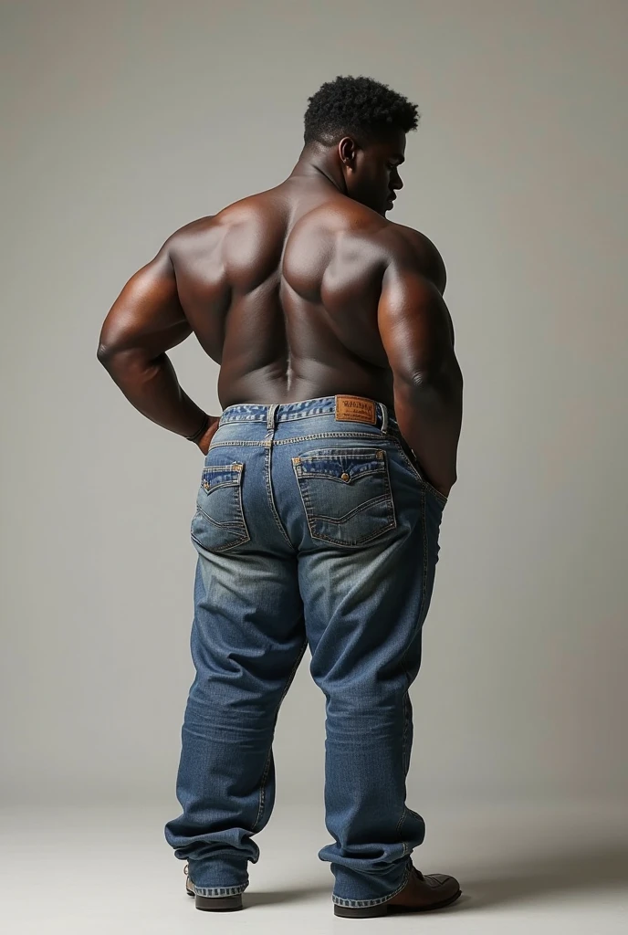Un hombre negro con la cara se parece a Henry Cavill. Black man, Su cuerpo es musculoso y pectoral definido. paquete de seis. ingle. Cochas, pelo contra el viento. barba dentada. Big butt, in a moment of reflection. Full body. Fajado, gris oscuro Jeans backside. bent over