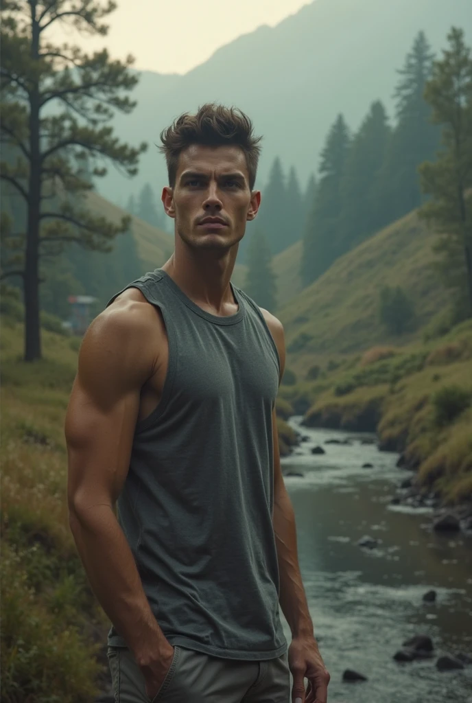 close-up photo of a man, shirtless, blue jeans, at a waterfall, sunset, looking at camera, <lora:megfox_xl_1_standard_merger_23_41_07_03:1>