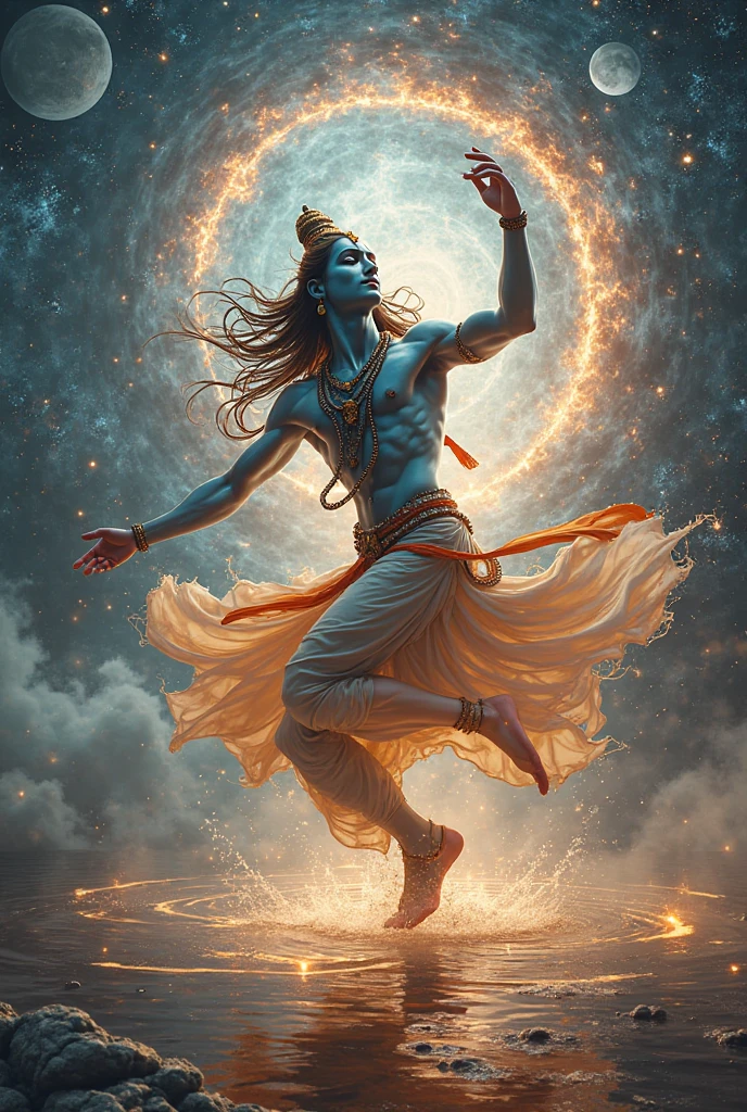 Adult Lord Krishna, detailed,high quality, Cosmos, infinite universe , flaying in cosmos, white eyes , floting hairs, cosmic being