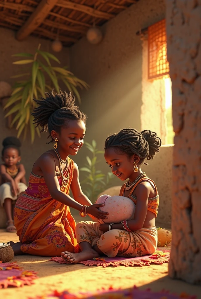 A colorful and vibrant montage with the theme of Cosme and Damião's party. En el centro de la imagen, there are two figures of two twin brothers boys, at an age of approximately 4 years,black, with African clothes, symbolizing the Ibejada, with happy smiles and colorful traditional clothes sitting on the floor of an Umbanda temple with conga in the background with images of orixas, a water source next door. around the children, there is an abundance of sweets, lollipops, candies and sweets scattered all over the image, Creating a festive setting.