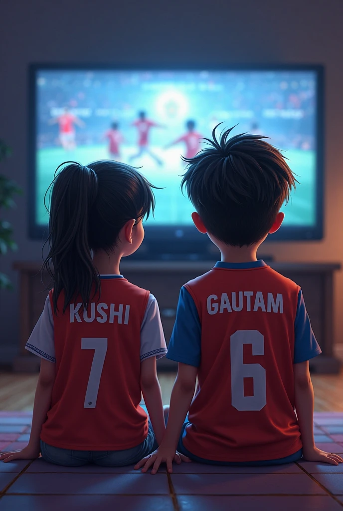 Create an image in which two boys had were 'indian team
' jersy and on the jersy printed name is 'Neel' jersy no. Is '50' and 'Suyash' jersy no. Is '21'respectively they are sitting on the floor and watching 'CSK' match in LED tv