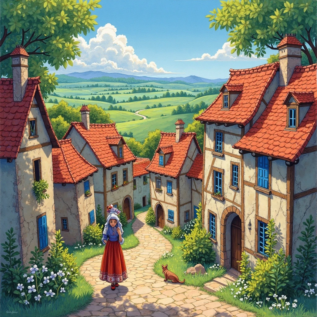 <lora:picture_book:0.8> village