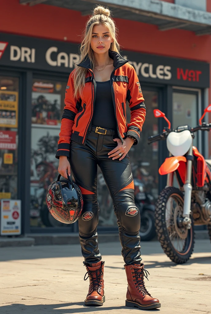 DV_S2_Ice_Vicious, , , wearing a full body biker suit, standing next to a dirtbike, happy expression,, 8k resolution, highres, high detail, sharp focus, detailed skin, 8k uhd,