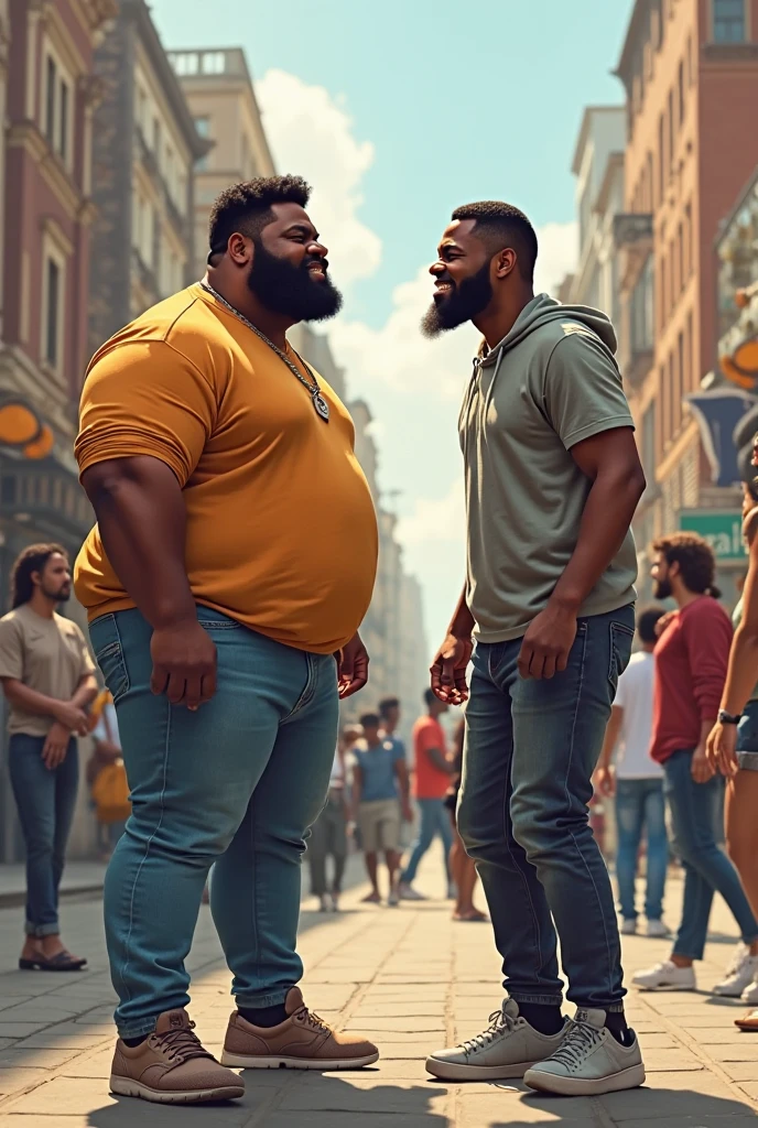 Chubby, black man, muscular, walking, underwear showing, big bulge in underwear, city street at sunset, realistic detailed faces
