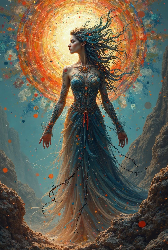 "Create an animated sequence of a celestial woman embodying the essence of the sun. She is ethereal and radiant, with her form and attire made from the vibrant, colorful rays of the sun. Begin with a scene showing the vast cosmos, where she emerges as a silhouette against the backdrop of distant stars. As the animation progresses, the sun's rays start to converge around her, forming a flowing, luminous dress that symbolizes warmth and light. Her movements are graceful and fluid, suggesting a dance with the cosmos. The rays of the sun should be animated to ripple and shimmer, giving the impression of constant motion and energy. The sequence should capture a sense of awe and beauty, highlighting her connection with the universe and the life-giving power of the sun."

