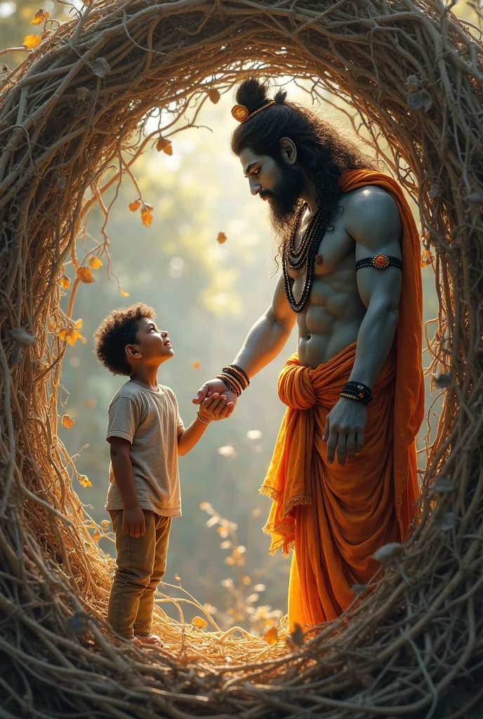 Generate an image in 4k resolution were hanuman ji standing behind a boy who is praying to lord Ram..