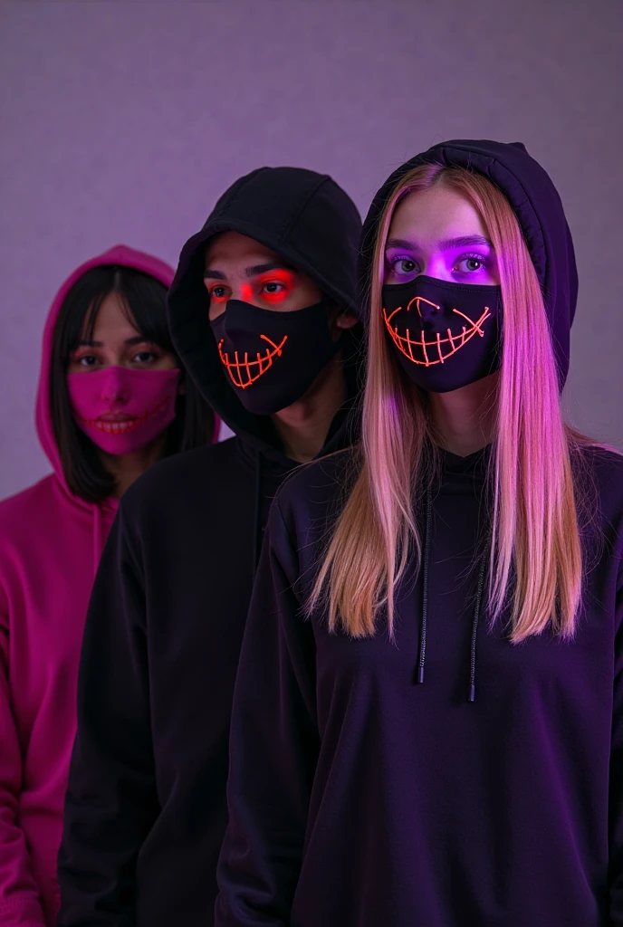 anonymousmaskneon, close up, 3girls, multiple girls, portrait, long hair, professional photo , night, aesthetic, natural light, highly detailed, (highly detailed background), detailed textures, wide angle, 8k, HDR, professional photoshoot, high quality photo, realistic photo, realistic shadows, detailed shadows, realistic proportions,film grain, raw photo, (raytracing)\ <lora:AnonymousMaskNeon:0.7>