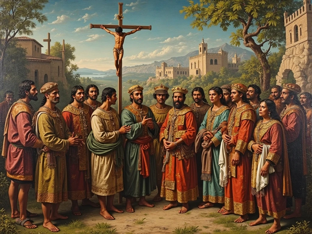 Viñeta 2:
scenery: A group of indigenous Americans suspiciously observes a group of European colonizers who distribute crosses and Bibles.
Text: "They brought religion... and the sword!"