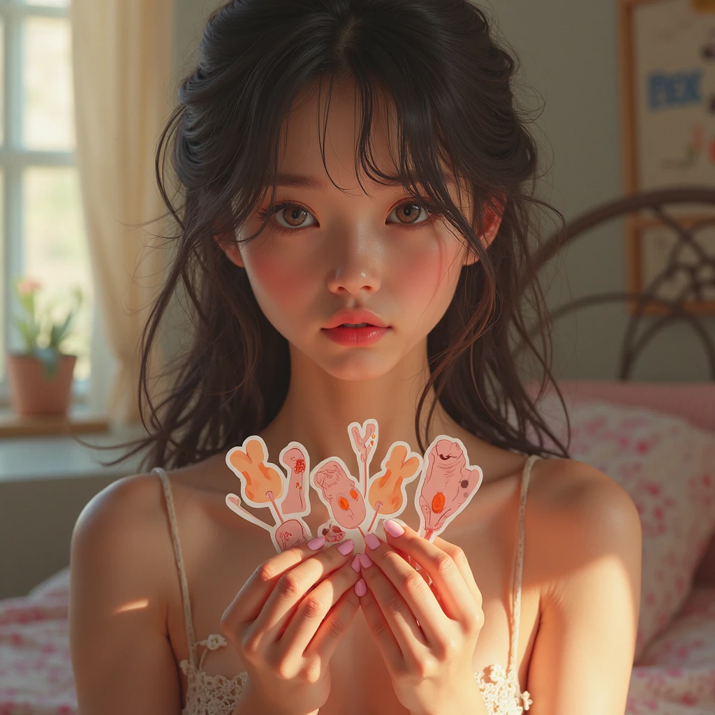 Full-body, wide-angle shot, bright light, beautiful, cute, naked young woman, lying with her back to the bed, white room, short hair, with many large, multi-colored dolls.