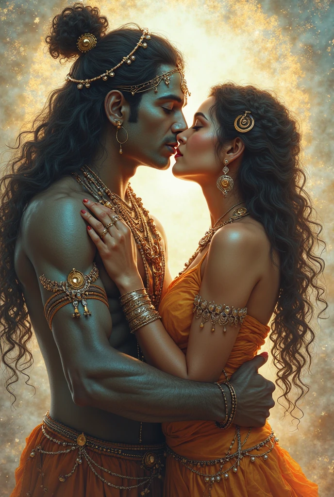 Draw a highly detailed, a muscular indian queen feeding her breast milk to a man who lying in her lap, unconscious
