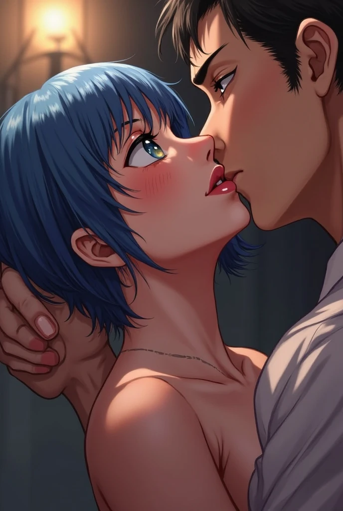 (best quality:1.3), (4k quality),(sharp image), Mai, ((Detailed face)), ((masterpiece face)),((perfect detailed eyes)) (blush), Mai, green hair, short green hair, yellow eyes, pink lips, pink lips, sly face, face with stern features, ((detailed face)), perfect face, highly detailed eyes, masterpiece, absurdres , (intricate details), (colorful),cinematic lighting, extremely detailed CG unity 8k wallpaper , 1girl, solo, mature female, erected tits, fit body, cameltoe, (tricky glance, wicked smile), office room, ((perfect small erected breast)), ((((lying on the table and having vagina penetration by penis))))