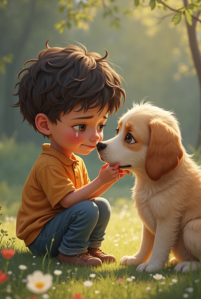 A boy and his puppy drinking water after playing 