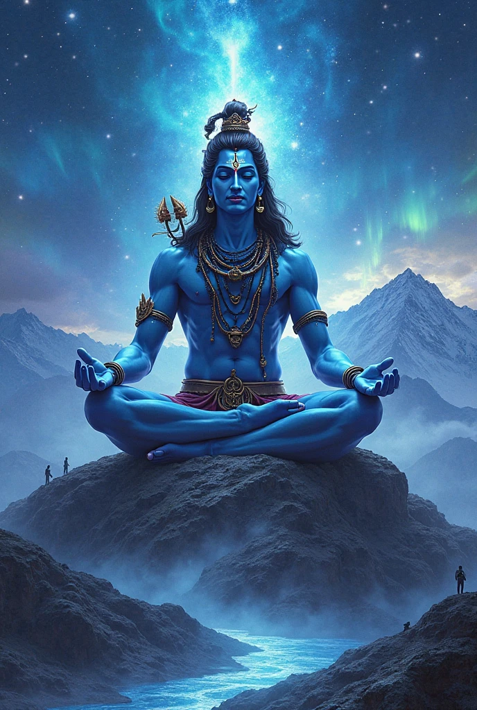 Creat image of hindu god mahadev sitting at metroite in soace and at behind dark matter