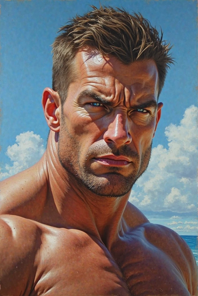 (bichu, oil painting, Impressionism) of (one male), (looking at viewer), a handsome muscular young man, Very detailed manly face, heroic, detailed realistic open teal eyes, (muscular:1.5), (big muscles), (massive pecs), huge breasts, narrow waist and huge hips, (chocolate brown hair), (slight smile), (naked) (topless male). highly detailed, high quality, masterpiece, thick penis