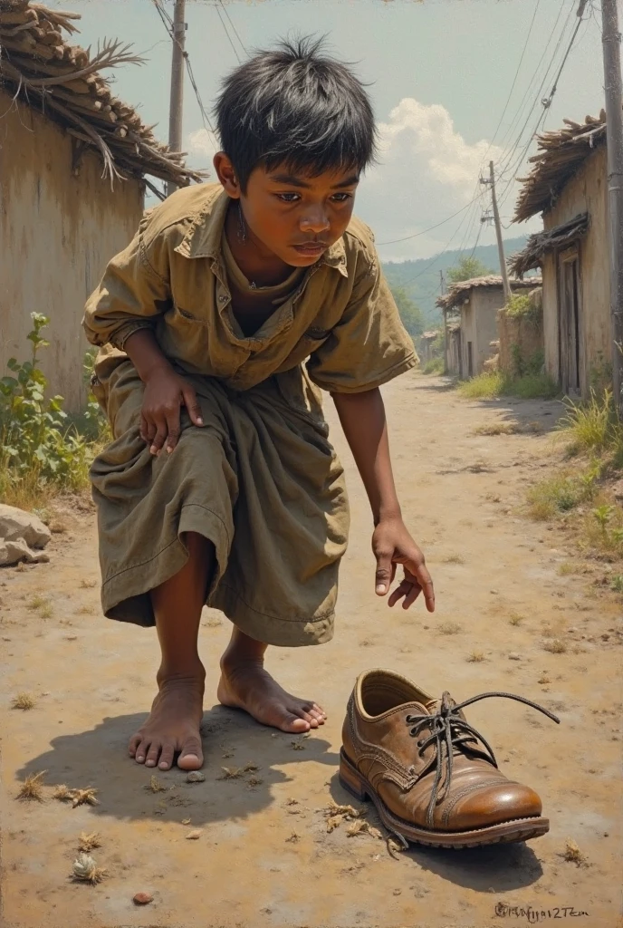 Small indian (((emaciated, young, impoverished))) man bowing down and worshipping a pair of sneakers.