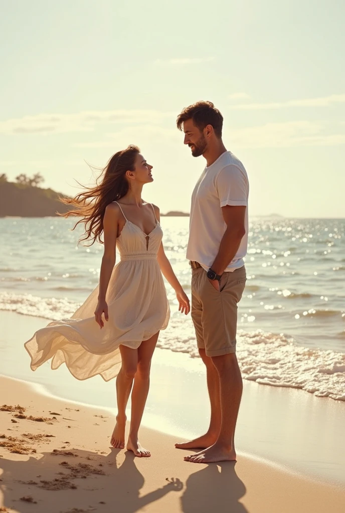 Location: A secluded beach with waves crashing gently on the shore.
Character: The couple walking hand in hand along the water's edge, lost in conversation.
Dressup: The woman wears a light summer dress, and the man is in shorts and a t-shirt.
Picture Quality: Soft pastel tones of the sunset reflecting off the water, casting a romantic glow over the scene.
