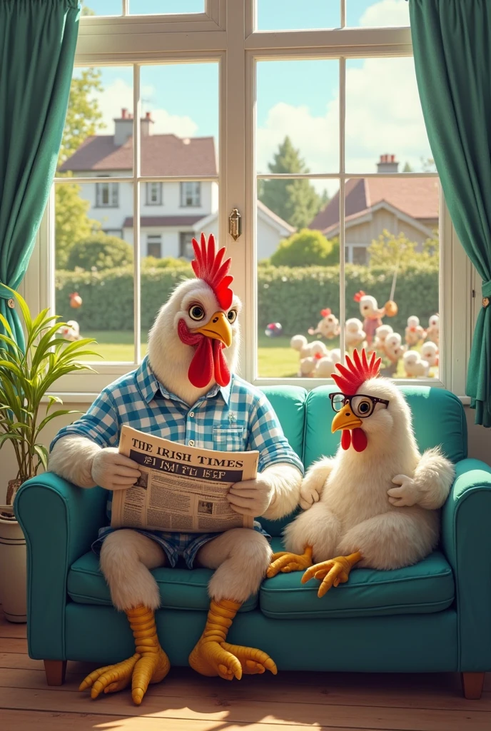 Chicken wearing a robe sitting in a rocking chair