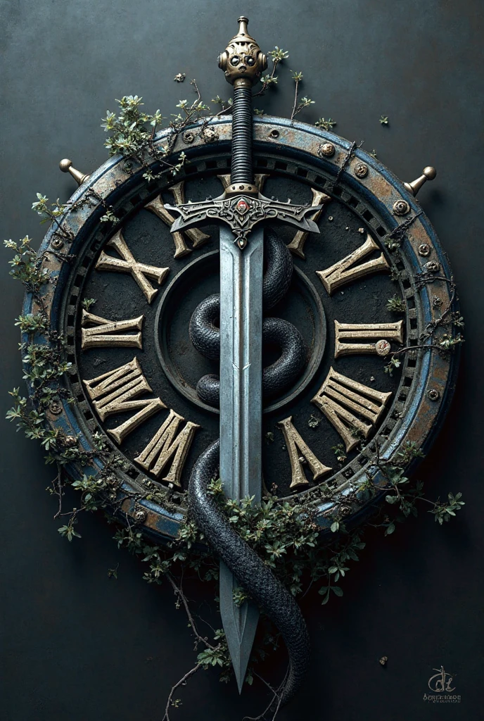 A cursed clock with its internals reversed like a mirror, the exposed gears and mechanisms twisted into unnatural, jagged patterns. In the heart of the clock, a silver sword rises, its blade coated in an eerie, iridescent sheen that flickers like molten steel. Coiling around the sword is a serpent, its eyes glowing with a sinister light, scales dark as midnight. The ivy that wraps around the blade is blackened and thorned, as though it feeds on the sword’s malevolent energy. The air around the clock is thick with dark magic, as if time itself is corrupted, and the sword promises a cruel, inevitable fate. The atmosphere is heavy with danger and foreboding, a place where darkness holds dominion and the sword is both a weapon and a curse
gothic, dark fantasy) and any specific colors or effects (e.g., black and silver tones) Cinematic horror, neo-noir, deep contrast introspective thoughts, evoking the atmospheric, cinematic style of Ash Thorp, the dark, gritty realism of Simon Stalenhag, and the mesmerizing, neon-lit cityscapes of Syd Mead. This is a masterpiece of cinematic realism, evoking the aura of a vampire caught between past and present. Epic, stunning, and emotionally charged, captured in 8K resolution on 35mm film