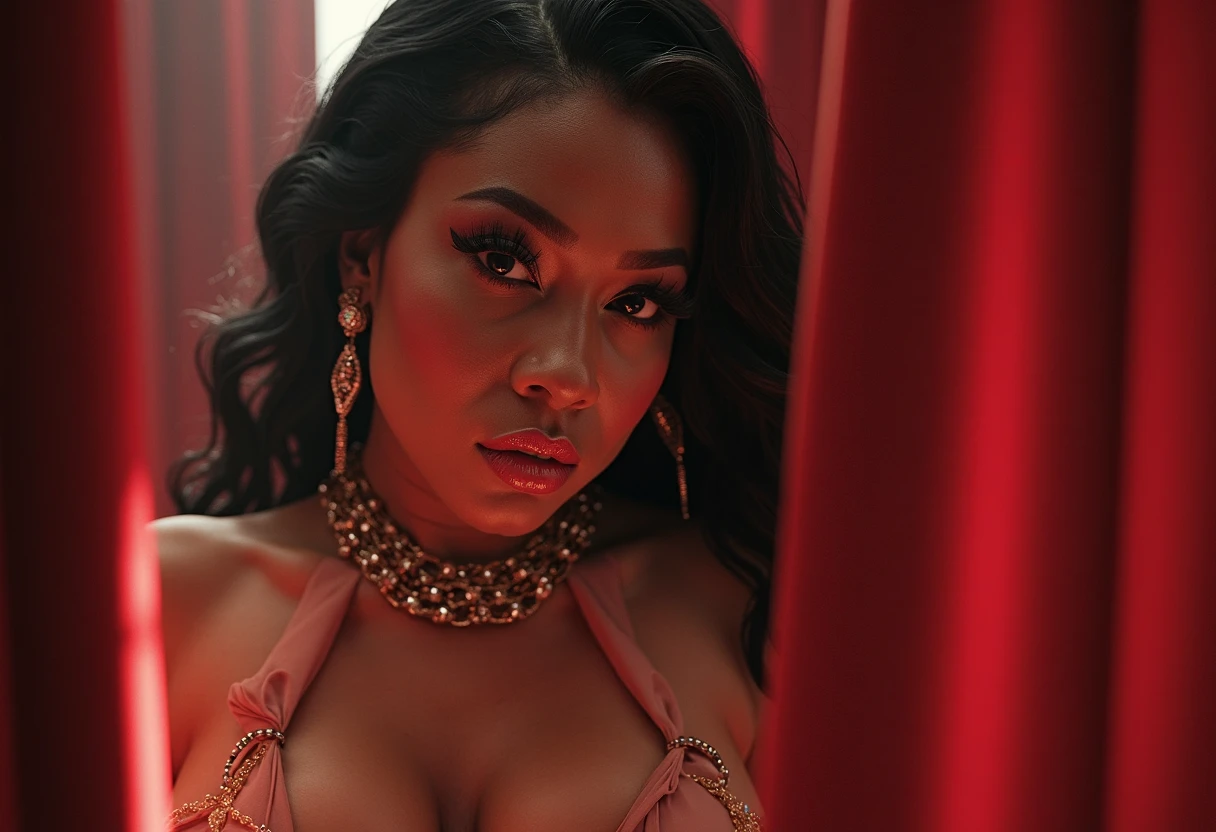 Your eye view POV when in front of you is Cardi B's fat stepmother who wants to suck your cock when you are squeezed and trapped in the elevator and shows off her curvy body and big breasts.. fisheye camera view, iphone camera style. 8k hd, realface, cinematic, Hard detail
