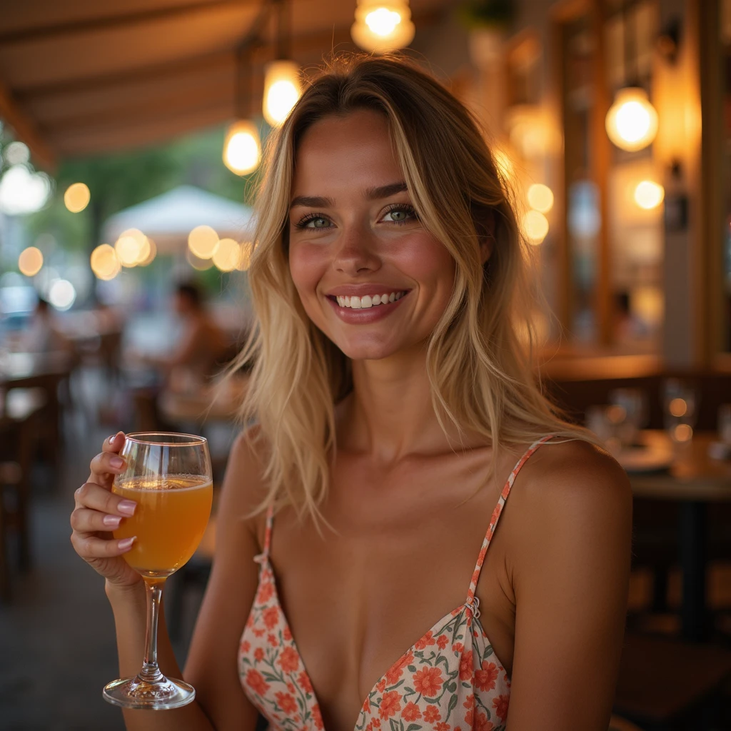 Portrait of beautiful slim ukrainian 34 years old woman. Hippie bohemian woman. (Two Hands in her face). Pale skin. Light blonde short wavy hair. Looking confident at camera. Having a natural fruit juice in a wooden hut. ( Elbows on the table).
bohemian Blouse . Cleavage. Small breast.