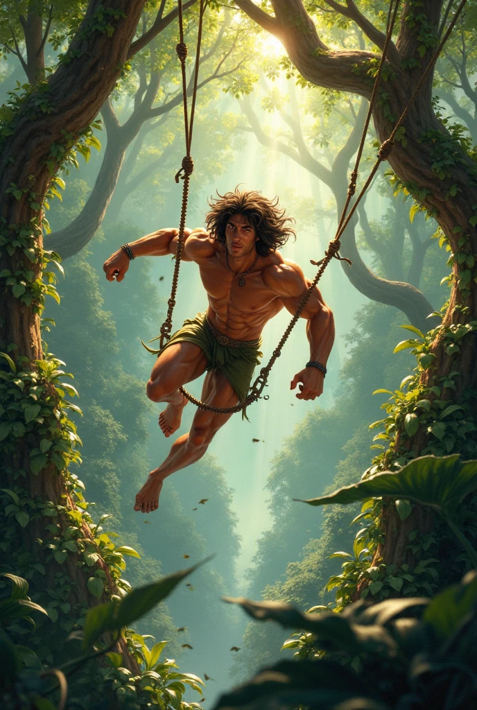 Tarzan jumping on a vine