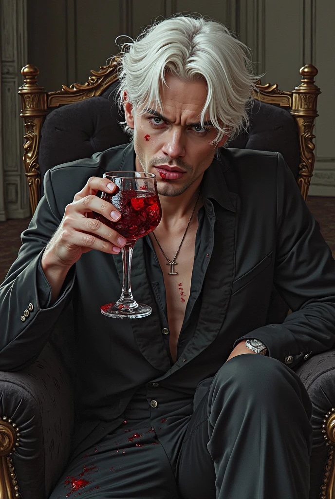 A picture of Jungkook sitting on a throne of bloody skulls, his hair is white and short, and he is drinking red juice, and he has tattoos on his hands.