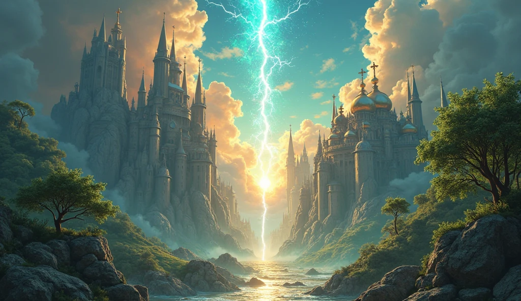 fantasy art, RPG art, photograph, RAW, (Ultra detailed: 1.5), Best Detailed, picture of temple of magic worship, an epic fantasy building intensive art work, live like statues, stained glass art, Renaissance art work with, decorations of (fire: 1.2), BREAK and (lightning: 1.2) BREAK and (earth: 1.2) decorating the building, night time, full moon, stars. fantasy magical city, (masterpiece: 1.5), best quality, (extremely detailed), ultra wide shot, photorealism, depth of field, hyper realistic, 2.5 rendering
