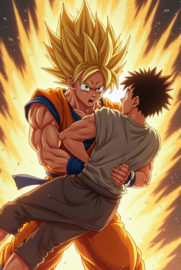 fighting anime with good animation (young man with straight brown hair, expelling all his power and clashing fist with Goku) (he wears a green jacket like the one in the photo of Dragon Ball Super (young man with straight brown hair, expelling all his power and bumping fists with Goku in the sky) (he wears a green jacket like Ben 10's but destroyed by combat) Ben 10 but destroyed by combat)
