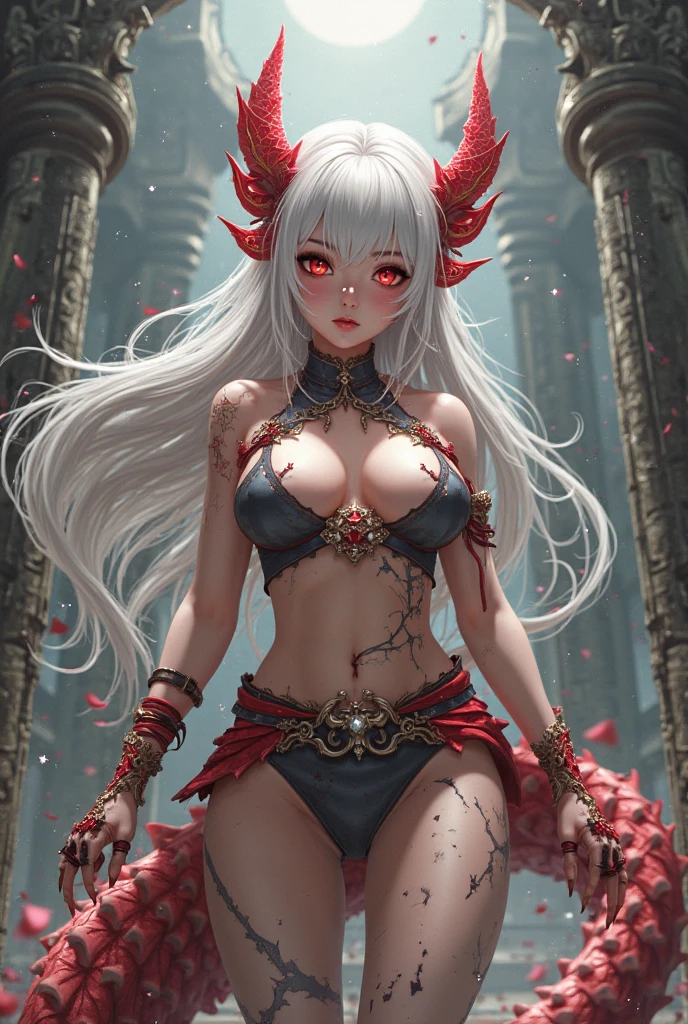 (((realistic, photorealistic))), ((best quality)), ((masterpiece)), ((detailed, extremely detailed)) demon trying to seduce it's pray, demon girl, monster girl, ((flaming demonic crown floating above head)), horns, fit toned body, muscular, (arms and legs covered with black scalelack dragon scales, detailed skin, ornamented skin, temptress, succubus, talons, (((red skin, bright red skin colour)), grey accents on skin), skin covered with scales, huge breasts, detailed background, dark background, dark setting, demonic:1.3,