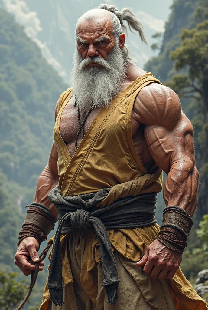 Represent Isaac Netero's Appearance, un vieil homme aux cheveux blancs. Emphasize his muscular body that has been trained to the limit, transmitting its overwhelming combat power. Show her calm and collected expression, but also his stern gaze at times. Expressing the effect of one's ability "Hyakushiki Kannon," giving it the presence of a giant statue with many arms. in background, illustrer un terrain vague avec des traces de batailles qui ont eu lieu. Use high-quality graphics to create a colorful and detailed image reminiscent of the anime style.
