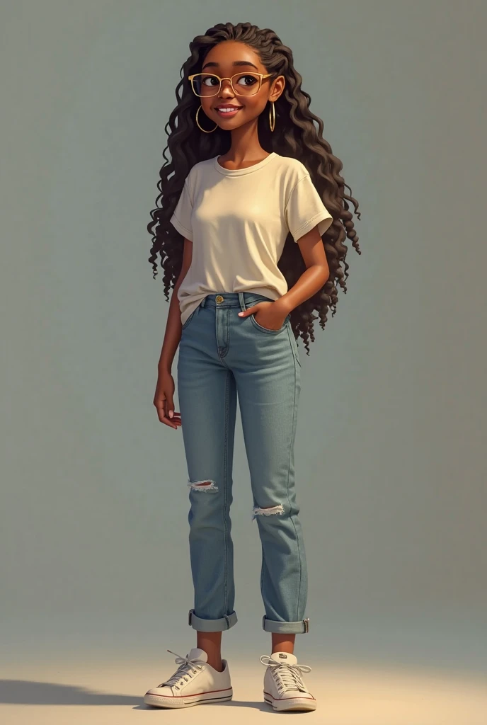 3D image Beautiful African woman with wavy long hair, wearing a plain white T-shirt, white sneakers and blue jeans, very detailed image. Plain background.