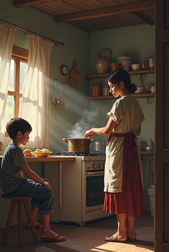 Build a cozy interior of a modest village home. The walls should be made of clay, with small windows allowing sunlight to filter in. Arjun should be seated on the floor at a low wooden table, drawing with crayons, while his grandmother prepares tea on a traditional stove in the background. Include small details like a handwoven mat, a clay water pot, and simple wooden furniture.