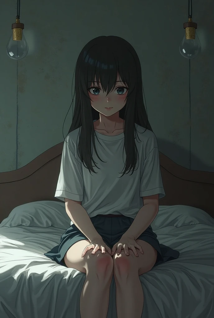 1 Female, Adult face, Age 39 Face, Calm, Long black hair with bangs, Flat Chest, Thin body, Messy room, Dark apartment room with window, Sitting on the bed, T-shirt and long skirt, Dark atmosphere, pale colour, Depressing、Blue Eyes