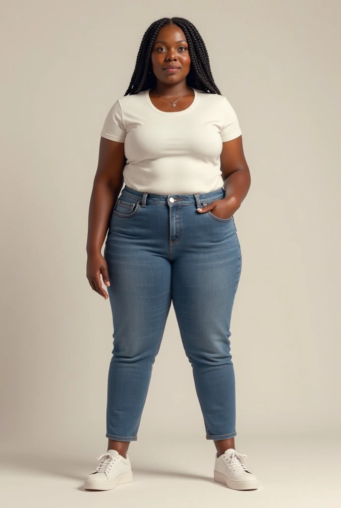 image captured with a Sony α7 III camera, full body shot, an narrow waist, wide hips, and a full bust. The proportions are highly stylized, with a sharp contrast between the tiny waist and the expansive curves of the hips and chest, young Black woman early 20's, bootcut jeans in dark Blue color, fitted waist tee in white color, standing, light brown high heels, light gray background.