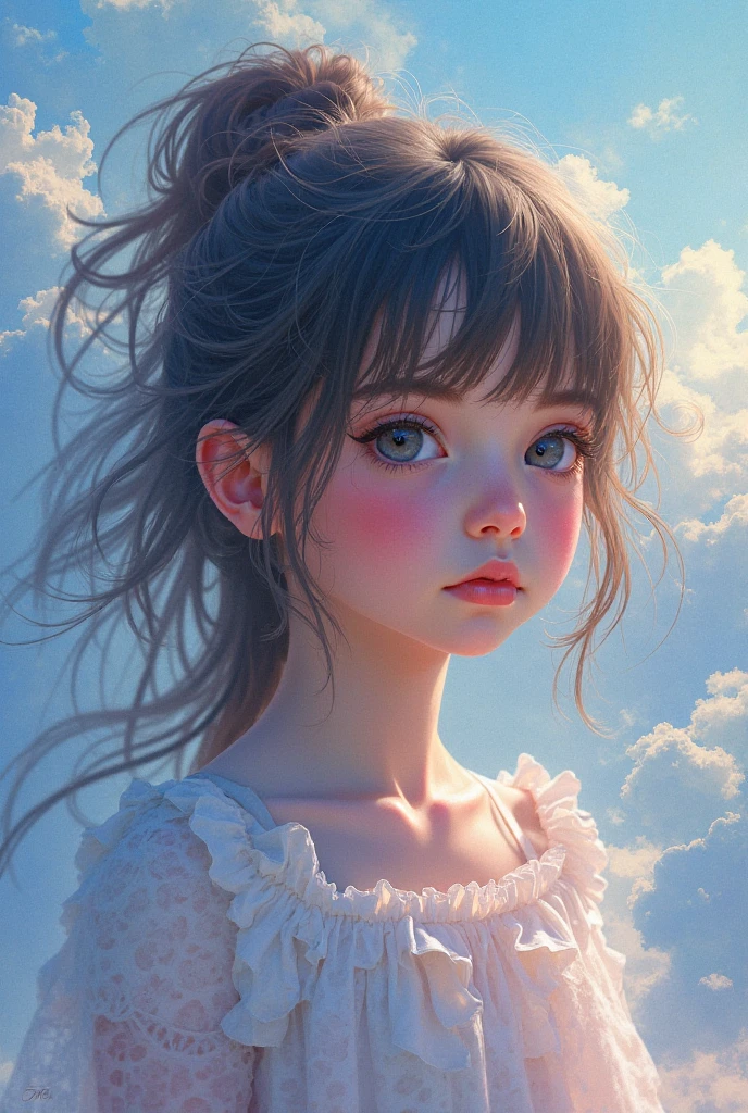 Masterpiece, Best quality, The movie is still, 1girl, Floating in the sky, clouds girl, clouds, (close up:1.1), emitting, happy, Thousand, Soft lighting, (Bauhaus, Shapes, lines, a summary:1.1)
