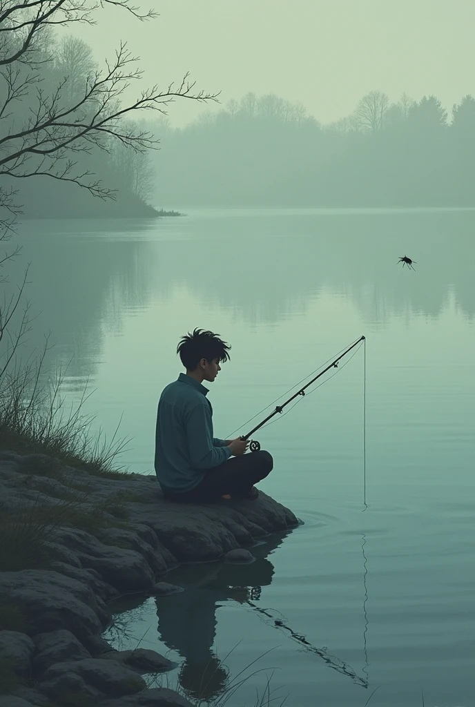 Teenage man sitting near a lake with an anonymous mask in his hand