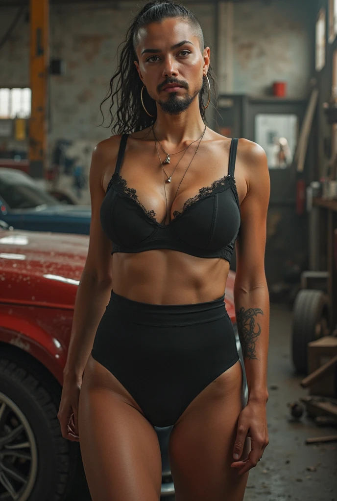 (best quality,realistic:1.2),Colombian mature curly haired busty lady,standing in the middle of traffic,looking up at the solar eclipse,dressed in ripped booty shorts, sheering bra
