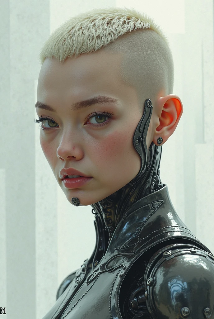 Create an albino character, he has shaved hair, HAIR STYLE LIKE A EMINEM, , just his face, FRONT VIEW FACE, FRONT VIEW FACE, CLOSE-UP FACE, from all angles, front, right side, left side, and behind, just his face, artstation, 8k, realistic, photorealistic, white background, fixed character, 3 sides in a single image, mystical post-apocalyptic cyborg, movie still of a cool cyborg, movie still of a cyborg villain, movie still of a cyborg, cyberpunk, dystopian science fiction character, film still of an alien cyborg, cyberpunk samurai,, HE HAS EASTERN FEATURES
