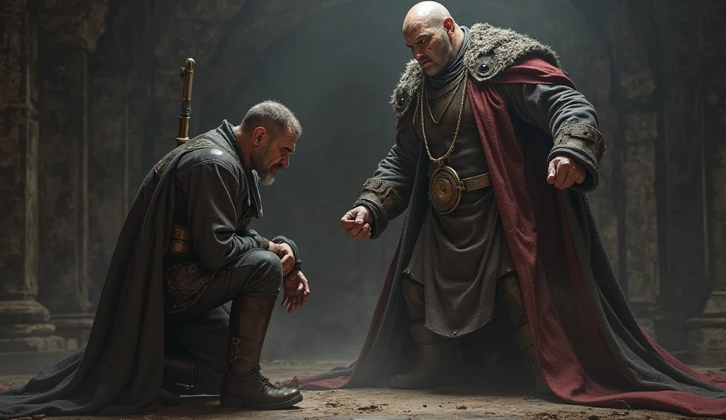 a man, bald head, scruffy black beard, 1865, injured face, unconscious on the floor of a castle, detailed facial features, photorealistic, high resolution, 8k, cinematic lighting, dramatic shadows, realistic textures, gothic architecture, moody atmosph