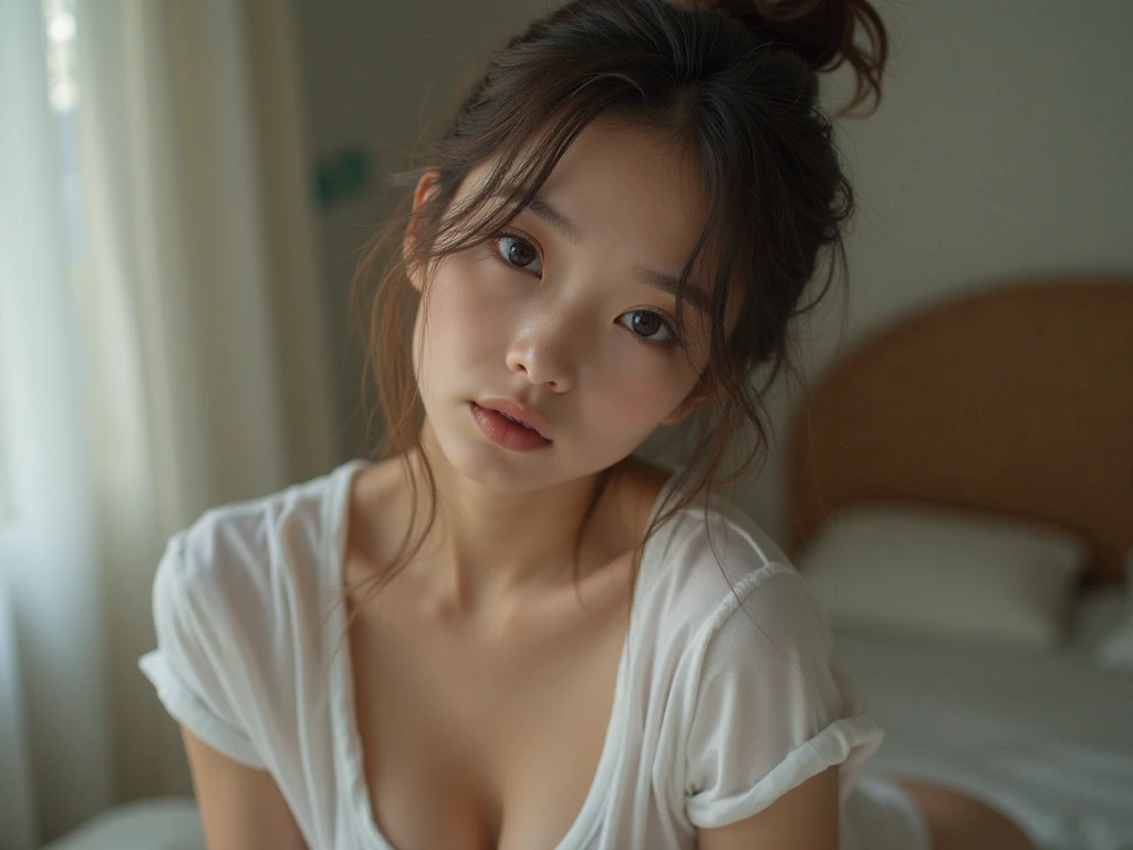 realistic photo, 25 year old japanese woman, nude, lying on bed with legs spread, detailed face and body, hairbun,((Her single huge hair bun is bigger than Diameter 50cm:1.5)) natural lighting, high resolution, photorealistic, (best quality,8k,highres,masterpiece:1.2),ultra-detailed,(realistic,photorealistic,photo-realistic:1.37),realistic skin texture,detailed eyes and lips,beautiful detailed face,long eyelashes,smooth skin,natural body shape