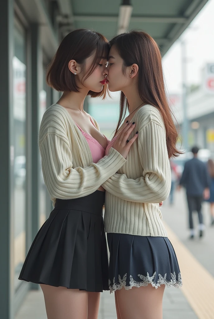 (Best Quality, Masterpiece, Photo realistic, Ultra Detailed, ultra high res, raw:1.3), (breast press), (2girls, pretty, Japanese), Huge Breasts, (kissing), knit sweater, mini-skirt, bangs, long hair, from side, closed eyes,