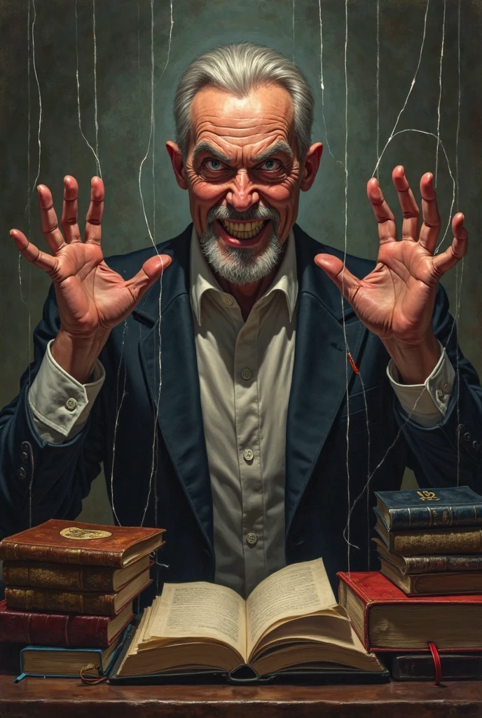 Weird man, with a book in his hands, with a scary laugh, in a suit, demonic eyes, looking at the book.]