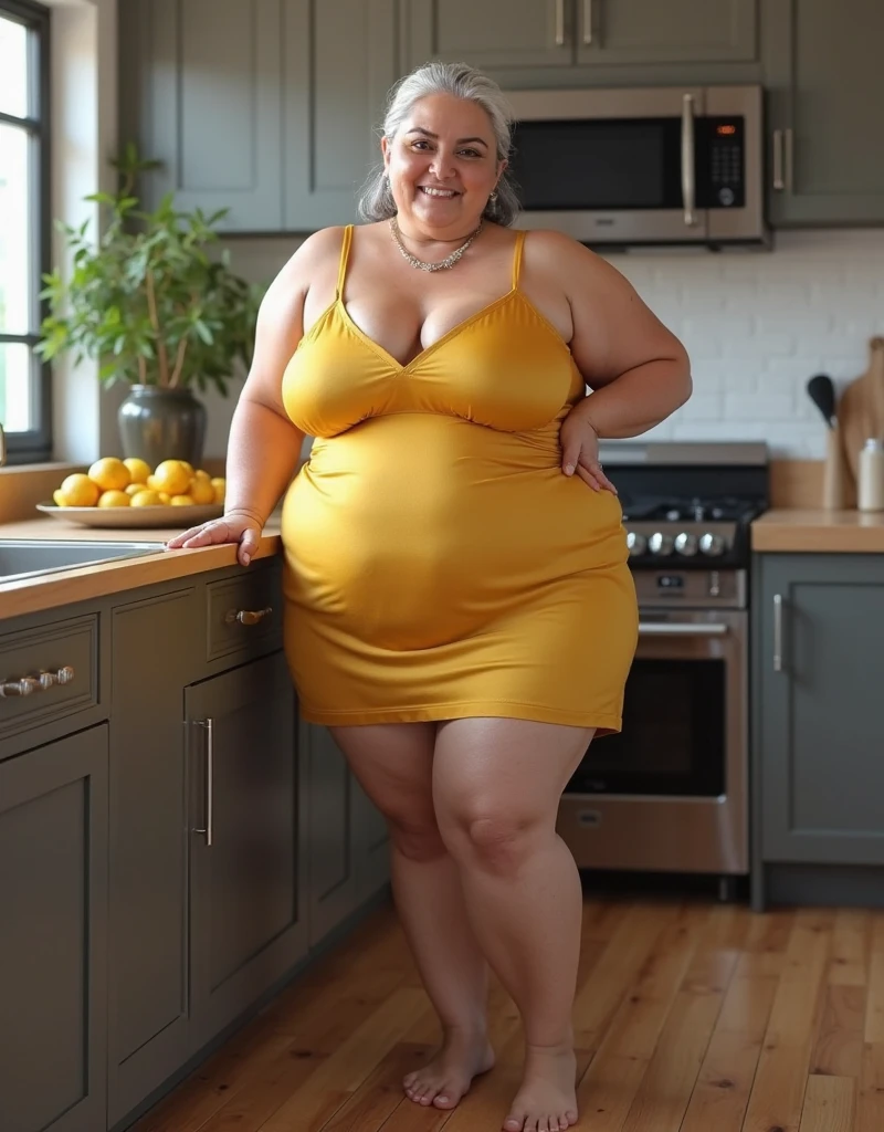 Chubby woman with fat belly and tight thighs, full body, 50-year-old mature woman, thick hips, thick neck, thick chest, big eyes, wearing a longest dress, wearing a sneakers