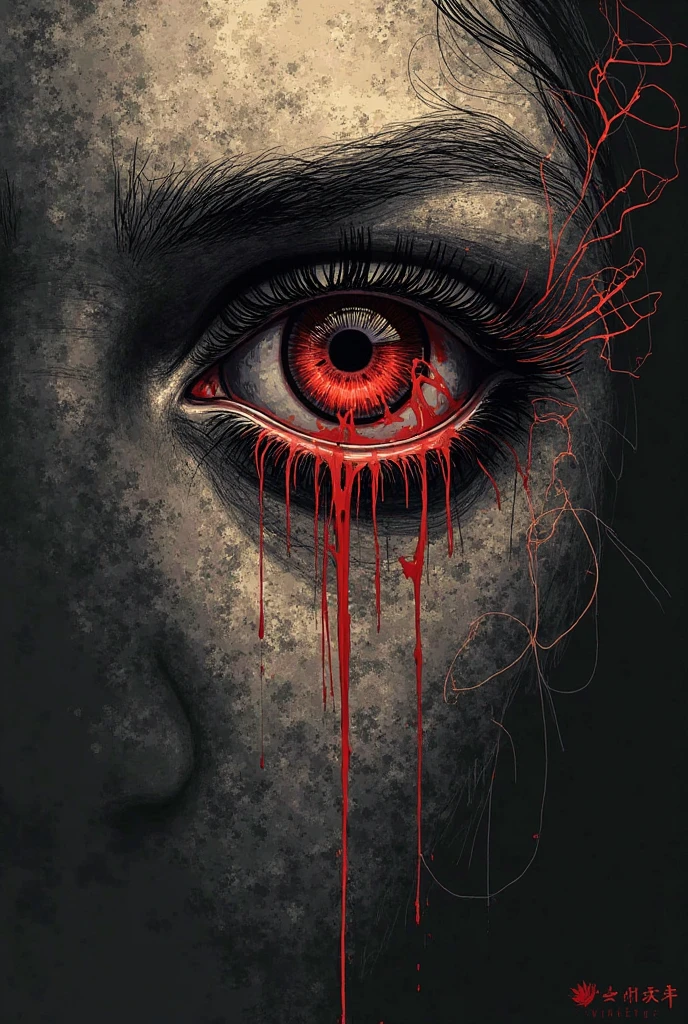 Bloodshot eyes situated in a sea of black midnight