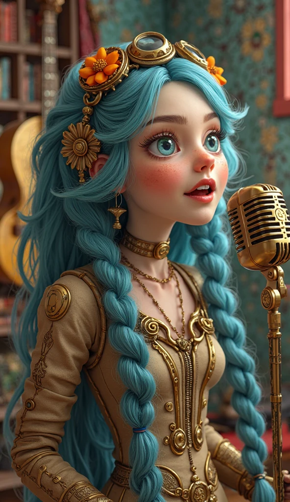 A portrait of 3d image of a steampunk woman, in the style of Bella Kotak, gold and cyan, photorealistic detail, dark fairy tales, detailed miniatures, artgerm, uhd image --ar 1:2 --personalize yruxpc2 --stylize 750 --v 6.1 with a diverse appearance and wearing long braids, singing into a vintage microphone. The girl is surrounded by a colorful collection of musical instruments in a cozy room in a modern, cartoon-style. 