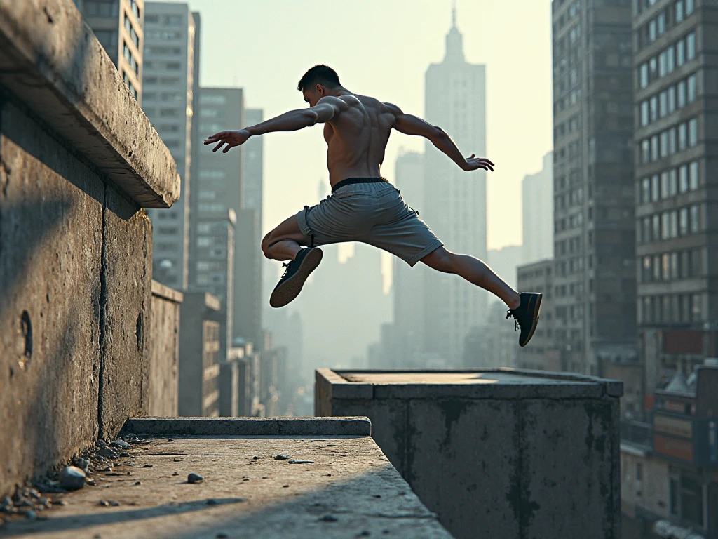 a high-rise building parkour, the exchange trx, urban environment, athletic man jumping between buildings, high-speed motion blur, dynamic movement, architectural details, city skyline, dramatic lighting, cinematic composition, gritty urban realism, detailed muscular physique, fearless acrobatic stunts, adrenaline-fueled action, moody color palette, (best quality,4k,8k,highres,masterpiece:1.2),ultra-detailed,(realistic,photorealistic,photo-realistic:1.37),HDR,UHD,studio lighting,extreme detail description,professional,vivid colors,bokeh