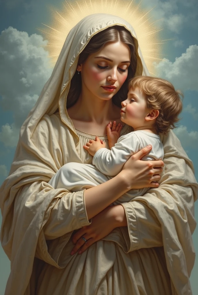 (((Blessed Virgin Mary and Child Jesus. 19 years old))) ((( Con una cara seria y piadosa. Con una mirada dulce y tierna))) (obra maestra, calidad superior, mejor calidad, arte oficial, beautiful and aesthetic: 1.2), (1girl), extremadamente detallado, (Arte fractal: 1.3), colorido, highest detailed, Cara perfecta, parte superior del cuerpo, HDR, (orando: 1.3), (golden lines of white coat: 1.2), galaxia, (rayas de luz), eye-catching visuals, (dynamic stripes, senderos luminosos: 1.2), colores vibrantes,